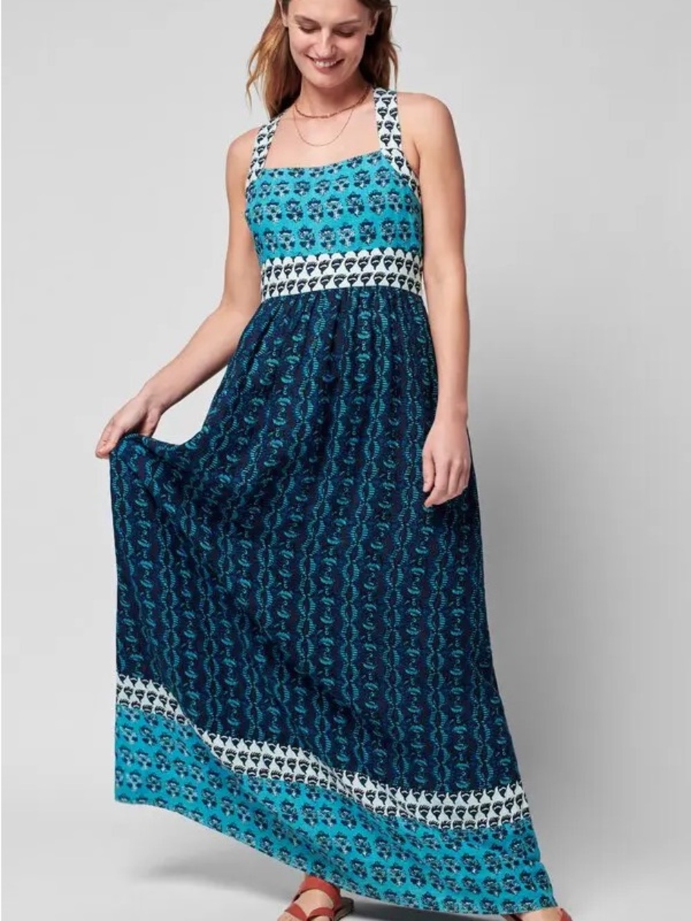 Faherty “Gracie” Bali Blue Bloom teal & navy linen sleeveless maxi dress